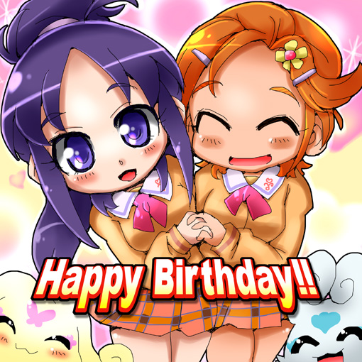 00s 2girls ^_^ bad_id bad_pixiv_id choppy closed_eyes creature closed_eyes flappy futari_wa_precure_splash_star hair_bun hair_ornament hairclip hyuuga_saki long_hair mishou_mai multiple_girls necktie nekoyuu orange_hair precure purple_eyes purple_hair school_uniform short_hair single_hair_bun skirt smile