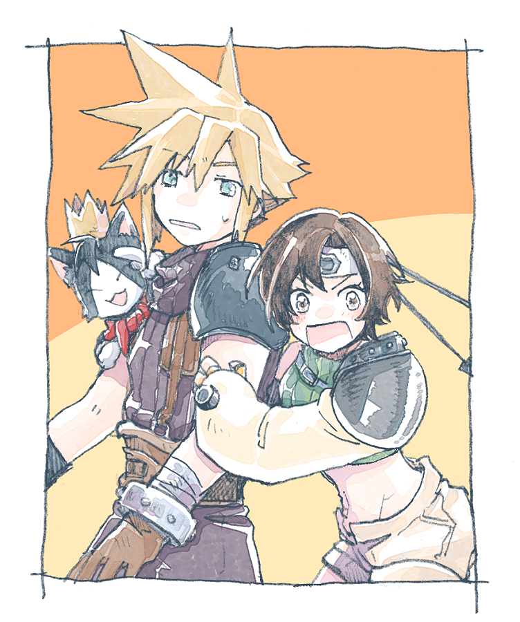 1boy 1girl animal animal_on_shoulder aqua_eyes armor bandaged_arm bandages belt black_fur blonde_hair blue_pants blue_shirt border brown_belt brown_eyes brown_gloves brown_hair cait_sith_(final_fantasy) cape cat cat_on_shoulder chest_strap cloud_strife cowboy_shot crop_top crown final_fantasy final_fantasy_vii fingerless_gloves gloves green_shirt hair_between_eyes headband holding_another&#039;s_arm looking_at_viewer michibata_65 midriff mini_crown navel open_fly open_mouth orange_background orange_gloves pants parted_lips red_cape shirt short_hair shorts shoulder_armor single_bare_shoulder single_shoulder_pad sleeveless sleeveless_turtleneck smile spiked_hair suspenders sweatdrop turtleneck tuxedo_cat two-tone_fur white_border white_fur white_gloves yellow_shorts yuffie_kisaragi