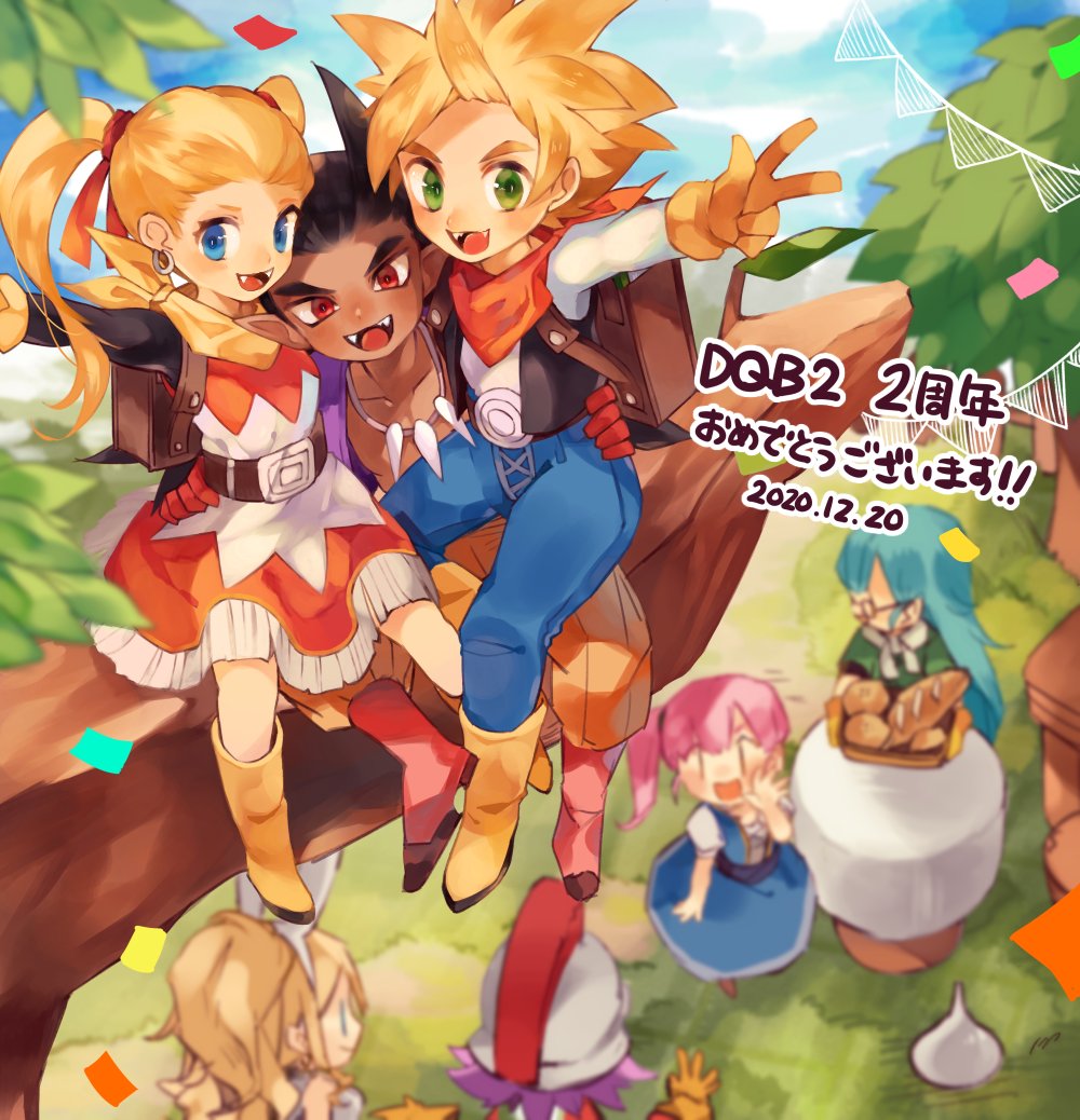 2020 3boys 5girls :d anessa_(dqb2) animal_ears antenna_hair aqua_hair backpack bag basket belt black_vest blonde_hair blue_dress blue_eyes blue_pants blurry bone_necklace boots bread brown_hair bunting chako_(dqb2) commentary confetti copyright_name curly_hair dark-skinned_male dark_skin dated depth_of_field dragon_quest dragon_quest_builders_2 dress earrings fake_animal_ears fake_teeth fangs female_builder_(dqb2) food fringe_trim gloves green_eyes green_shirt hair_pulled_back hair_ribbon hand_on_another&#039;s_hip helmet high_ponytail hoop_earrings hotaro_(bread_fusa) in_tree jewelry long_hair looking_at_another looking_at_viewer low_ponytail male_builder_(dqb2) metal_slime metats_(dqb2) multiple_boys multiple_girls neckerchief open_clothes open_mouth open_shirt orange_neckerchief orange_pants pants pero_(dqb2) pink_hair purple_hair purple_shirt rabbit_ears red_eyes red_footwear red_gloves red_ribbon ribbon ruru_(dqb2) shirt short_hair side_ponytail sidoh_(dqb2) silver_earrings sitting sitting_in_tree sitting_on_lap sitting_on_person smile spiked_hair symbol-only_commentary translation_request tree twintails v vest white_shirt yellow_footwear yellow_gloves yellow_neckerchief