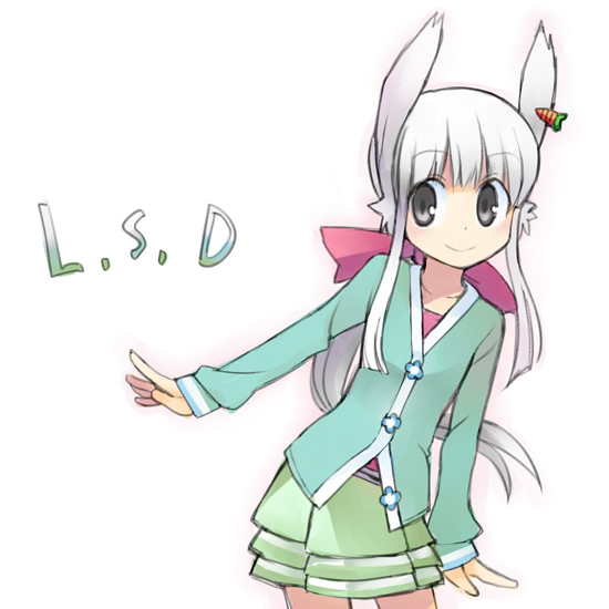 1girl animal_ears cardigan carrot female_focus grey_eyes hair_ornament hair_ribbon pleated_skirt ponytail rabbit_ears ribbon simple_background skirt smile solo usa_(yamai) white_background white_hair yamai_(lsd)