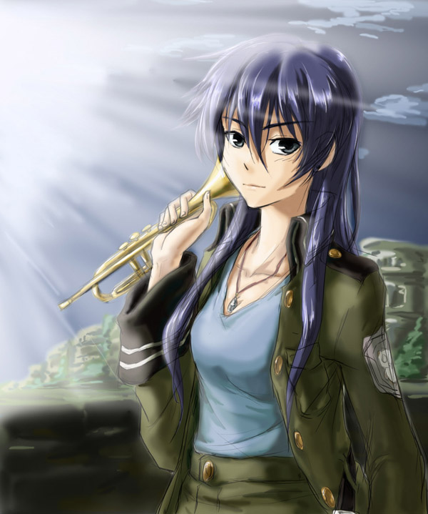 1girl black_hair blue_hair blue_shirt breasts collarbone day female_focus green_jacket green_pants grey_eyes instrument jacket jewelry kazumiya_rio leo_19th light_rays long_hair looking_at_viewer low_neckline medium_breasts military military_uniform necklace open_clothes open_jacket pants shirt sketch solo sora_no_woto sunbeam sunlight trumpet upper_body