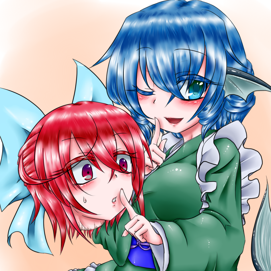 2girls :o bad_proportions blue_eyes blush bow breasts colored_eyelashes commentary_request curly_hair disembodied_head dress eko_(yu-shao-eko) fins green_dress green_eyes hair_bow head_fins index_finger_raised japanese_clothes kimono large_breasts long_sleeves looking_at_viewer mermaid monster_girl multicolored_eyes multiple_girls obi one_eye_closed poorly_drawn purple_eyes red_eyes red_hair sash sekibanki shiny_clothes short_hair sweatdrop touhou wakasagihime wide_sleeves