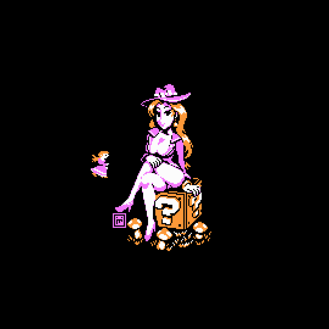 1girl ?_block arm_support black_eyes breasts cleavage crossed_legs donkey_kong_(1981_game) donkey_kong_(series) earrings grass hat high_heels jewelry large_breasts long_hair looking_at_viewer mario_(series) mushroom mykar nintendo orange_hair paid_reward_available pauline_(mario) pink_footwear pink_hat pixel_art reference_inset sitting solo super_mario_odyssey