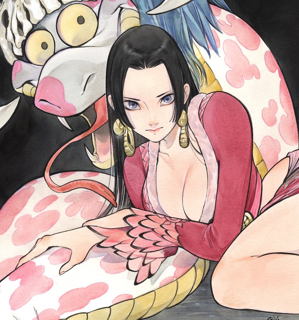 1girl black_background black_hair blue_eyes boa_hancock breasts cleavage closed_mouth commentary copyright_name earrings fangs forked_tongue hand_rest jewelry long_hair long_sleeves looking_at_viewer official_art one_piece one_piece_card_game peach_momoko red_shirt salome_(one_piece) shirt sidelocks simple_background skull snake snake_earrings straight_hair tongue