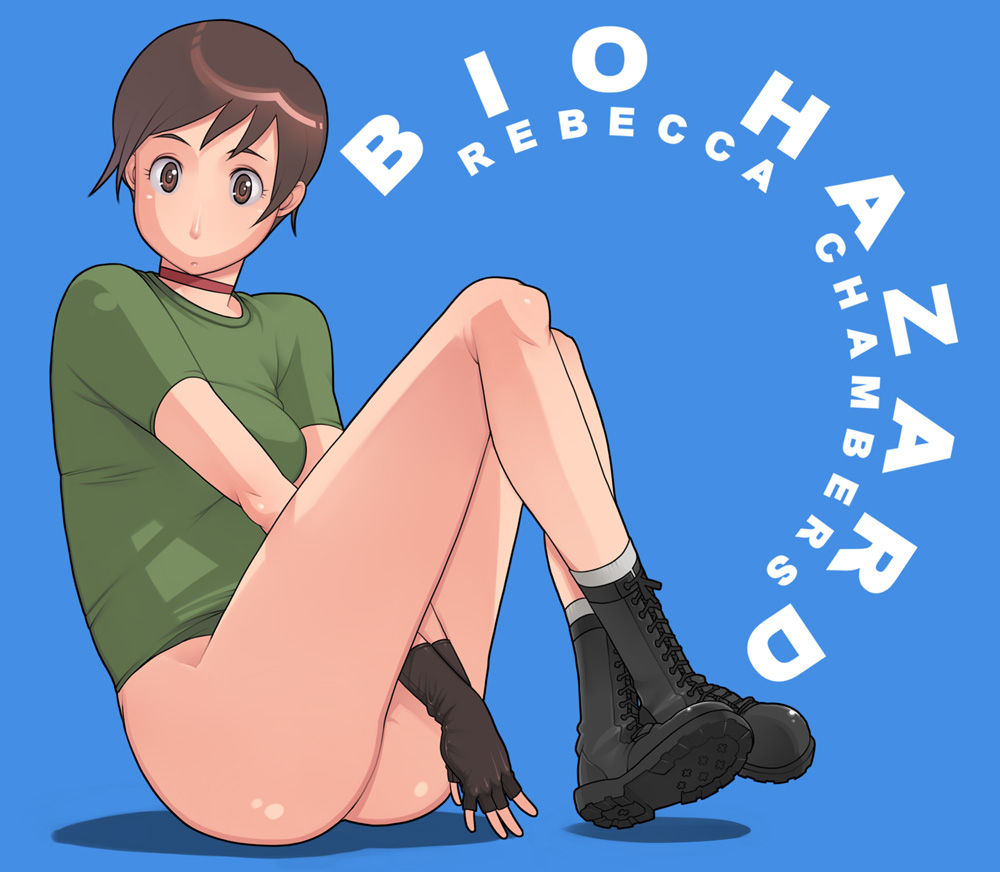 1girl ass boots bottomless brown_eyes brown_hair capcom female_focus fingerless_gloves full_body g-room_honten gloves no_panties rebecca_chambers resident_evil short_hair simple_background solo tomboy