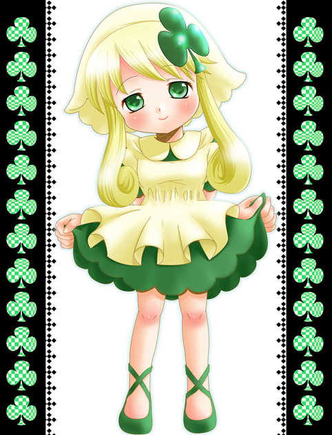 1girl 2000s_(style) apron blonde_hair blush border breasts c: chibi chibi_only closed_mouth club_(shape) club_hair_ornament collar cross-laced_footwear curly_hair dress elbow_on_own_hip flats frilled_apron frilled_straps frills full_body green_dress green_eyes green_footwear green_outline hat head_tilt holding light_smile long_sidelocks looking_ahead looking_at_viewer ornate_border outline peter_pan_collar pillarboxed short_dress short_hair_with_long_locks shugo_chara! simple_background skirt_hold small_breasts smile solo standing straight-on suu_(shugo_chara!) suzuka_(mogyumera) swept_bangs tareme two-handed white_apron white_background white_collar white_hat