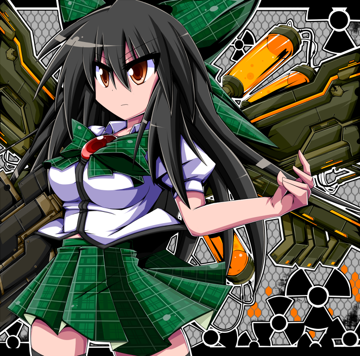 1girl alternate_wings arm_cannon black_hair bow breasts brown_eyes female_focus hair_bow honehone large_breasts long_hair mechanical_wings reiuji_utsuho skirt solo touhou weapon wings