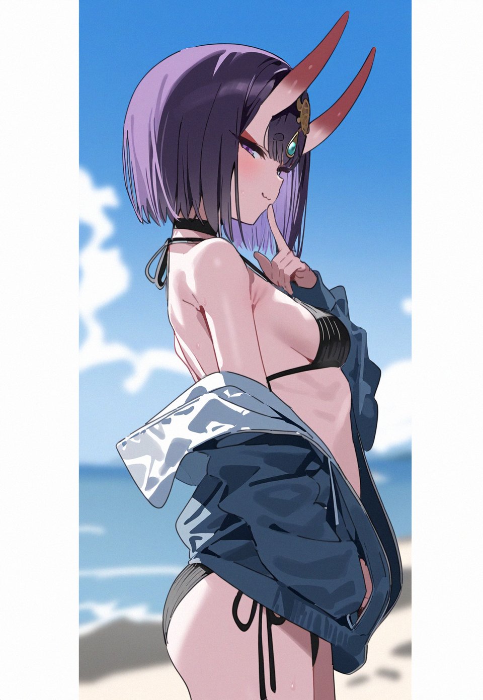 1girl :3 beach bikini blue_hoodie breasts choker cowboy_shot eyeliner fate/grand_order fate_(series) finger_to_mouth from_side hair_between_horns hand_in_pocket headpiece highres hood hoodie horns looking_at_viewer makeup ocean off_shoulder open_clothes outdoors owari_wan pillarboxed profile purple_eyes purple_hair red_eyeliner ribs sand seductive_smile short_hair shuten_douji_(fate) side-tie_bikini_bottom skin-covered_horns sky small_breasts smile solo standing sweat swimsuit