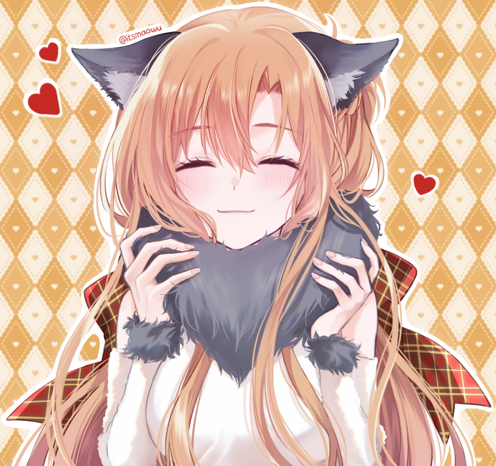 1girl animal_ear_fluff animal_ears argyle_background artist_name asuna_(sao) bare_shoulders blush breasts closed_eyes closed_mouth clothing_request commentary detached_sleeves eyelashes fur-trimmed_sleeves fur_collar fur_trim heart istriri long_sleeves medium_breasts smile solo sweater sword_art_online twitter_username two-tone_background upper_body white_background white_sweater wolf_ears wolf_girl yellow_background