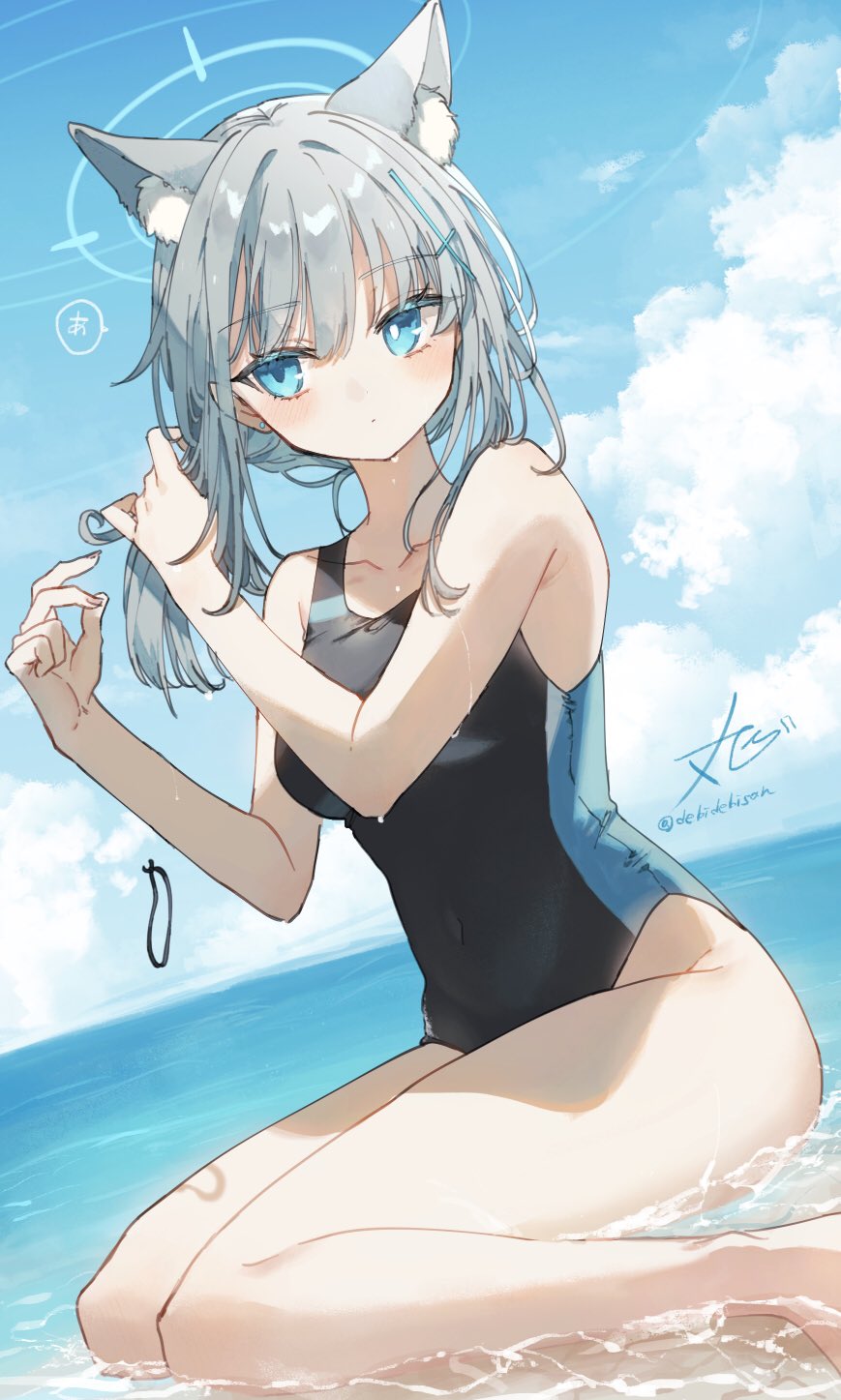 1girl animal_ear_fluff animal_ears black_one-piece_swimsuit blue_archive blue_eyes blue_sky breasts chibirisu cloud competition_swimsuit covered_navel cross_hair_ornament day extra_ears grey_hair hair_ornament halo highres horizon low_ponytail medium_breasts medium_hair mismatched_pupils multicolored_clothes multicolored_swimsuit ocean one-piece_swimsuit outdoors partially_submerged rubber_band shiroko_(blue_archive) shiroko_(swimsuit)_(blue_archive) sitting sky solo swimsuit wolf_ears yokozuwari