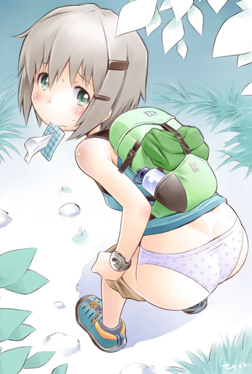 10s 1girl ass bad_id bad_pixiv_id bag bent_over blush brown_hair clothes_pull female_focus full_body green_eyes hair_ornament have_to_pee highres leaning_forward panties polka_dot polka_dot_panties pulling_own_clothes sekihan shoes short_hair shorts shorts_pull solo underwear watch white_panties wristwatch yama_no_susume yukimura_aoi