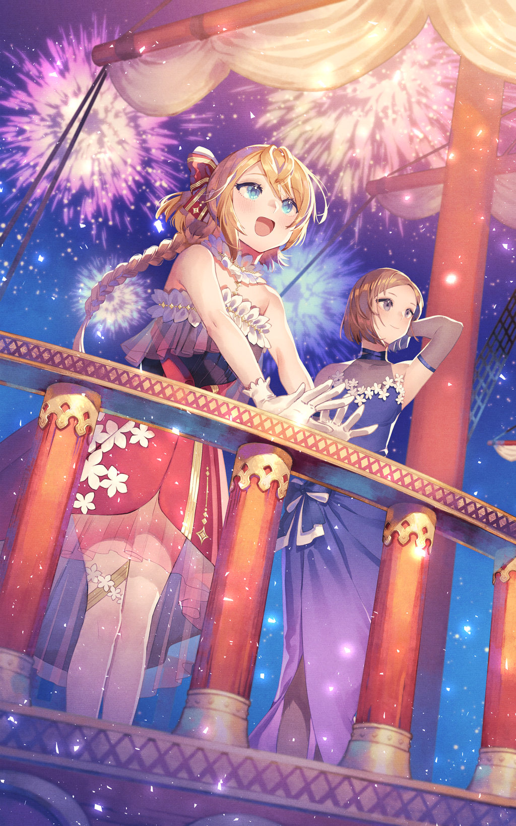 2girls :d arm_behind_head atelier_(series) atelier_resleriana atelier_rorona bare_shoulders blonde_hair blue_dress blue_eyes brown_hair dress elbow_gloves esty_erhard fireworks fisheye floral_print frilled_dress frills fujimi_nanna gloves highres long_hair multiple_girls night night_sky non-web_source official_alternate_costume official_art on_ship open_mouth outdoors outstretched_arm red_dress resna_sternenlicht ship short_hair sky smile standing watercraft