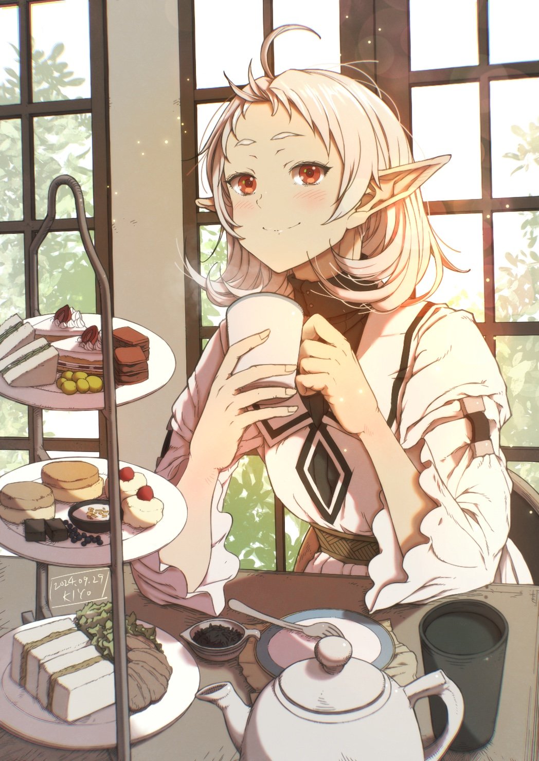 1girl ahoge artist_name blush cake cake_slice closed_mouth cup dated dress elbow_rest elf food highres holding holding_cup indoors kiyo_(a_sam_ko) macaron mushoku_tensei parted_bangs pointy_ears red_eyes short_hair smile solo sweets sylphiette_(mushoku_tensei) table teapot tiered_tray upper_body white_dress white_hair window