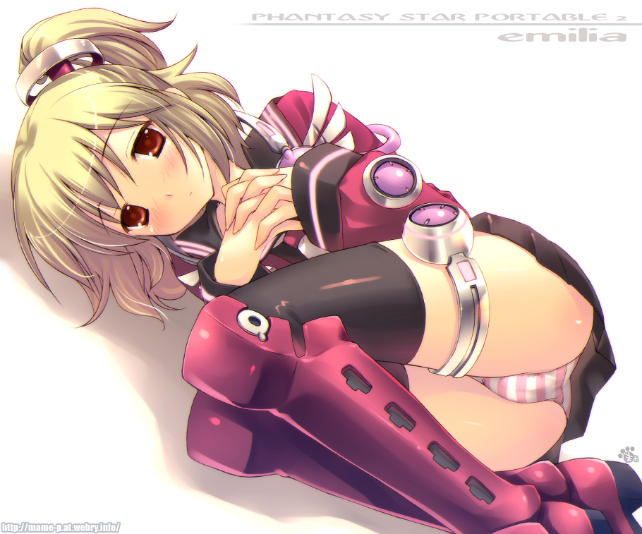 1girl armor bad_id bad_pixiv_id blush boots emilia_percival female_focus knee_boots lying mame-p on_side panties phantasy_star phantasy_star_portable_2 ponytail red_eyes solo striped_clothes striped_panties thighhighs underwear