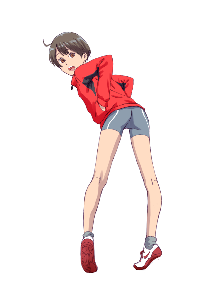 1girl ahoge ass bare_legs bike_shorts brown_eyes brown_hair female_focus full_body jacket kaburagi_yuki nike_(company) original shoes short_hair simple_background sneakers solo track_jacket white_background