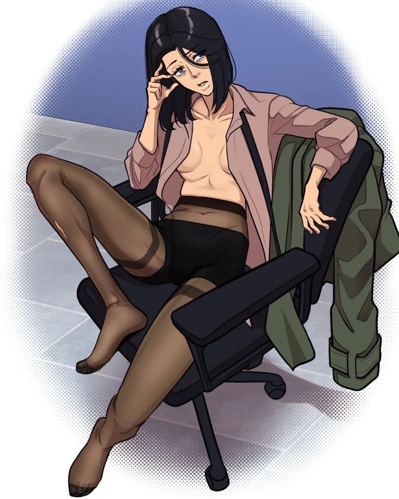 1girl arechan bike_shorts black_hair black_pantyhose black_shorts breasts chair collarbone hair_between_eyes jacket knee_up looking_at_viewer medium_hair navel no_bra no_shoes office_chair office_lady on_chair open_clothes open_shirt original pantyhose parted_lips shorts sitting solo swivel_chair toes unworn_jacket