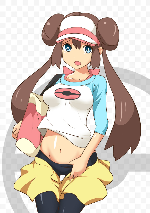 10s 1girl bag blue_eyes blush breasts brown_hair creatures_(company) female_focus game_freak groin kobii large_breasts long_hair navel nintendo open_mouth pokemon pokemon_bw2 rosa_(pokemon) shirt skirt solo undressing