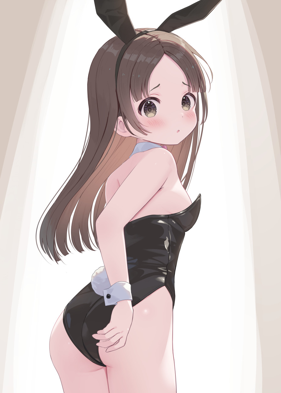 animal_ears ass bare_legs black_leotard brown_eyes brown_hair curtains detached_collar fake_animal_ears from_behind gakuen_idolmaster highres idolmaster kuramoto_china leotard long_hair looking_at_viewer looking_back mimikaki_(men_bow) parted_bangs playboy_bunny rabbit_ears rabbit_tail strapless strapless_leotard tail wrist_cuffs