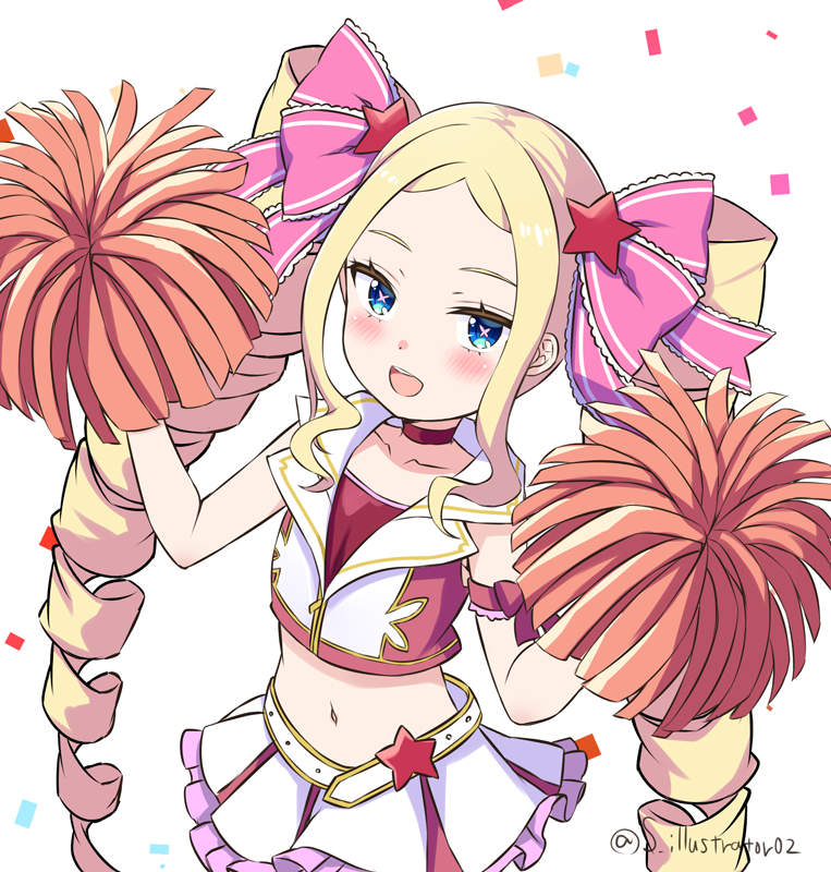 1girl :d alternate_costume artist_name beatrice_(re:zero) belt blonde_hair blue_eyes cheerleader choker commentary_request confetti cowboy_shot drill_hair hair_ornament hair_ribbon jacket long_hair navel open_mouth pink_pupils pink_ribbon pom_pom_(cheerleading) re:zero_kara_hajimeru_isekai_seikatsu red_choker red_pom_poms ribbon s_(hdru2332) skirt smile solo star_(symbol) star_hair_ornament symbol-shaped_pupils teeth twin_drills twintails upper_teeth_only white_background white_belt white_skirt