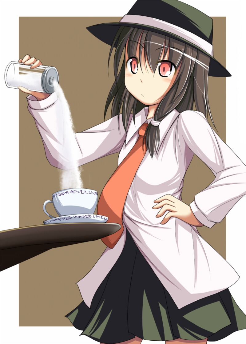 1girl bad_id bad_pixiv_id blush cup dress_shirt female_focus hand_on_own_hip hat jar marino_yuu necktie red_eyes saucer shirt skirt solo sugar table teacup touhou usami_renko