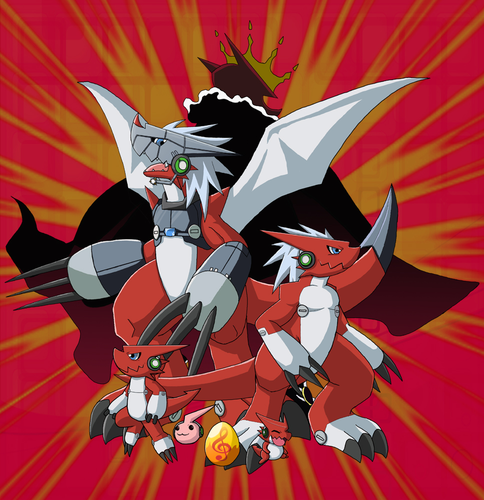 blue_eyes claws closed_eyes digimon digimon_(creature) digitama egg evolutionary_line happy headphones original shoutmon smile tail white_hair