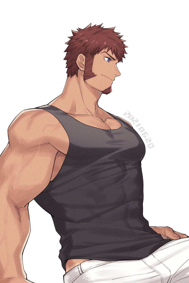 00047 1boy alternate_skin_color arm_support bara bare_arms black_tank_top blue_eyes brown_hair brown_shirt closed_mouth collarbone commentary covered_abs facial_hair fate/grand_order fate_(series) fingernails goatee hand_on_own_hip highres looking_to_the_side male_focus muscular muscular_male napoleon_bonaparte_(fate) pants pectoral_cleavage pectorals shirt short_hair sideburns sidepec simple_background sleeveless sleeveless_shirt smile solo tan tank_top veins white_background white_pants