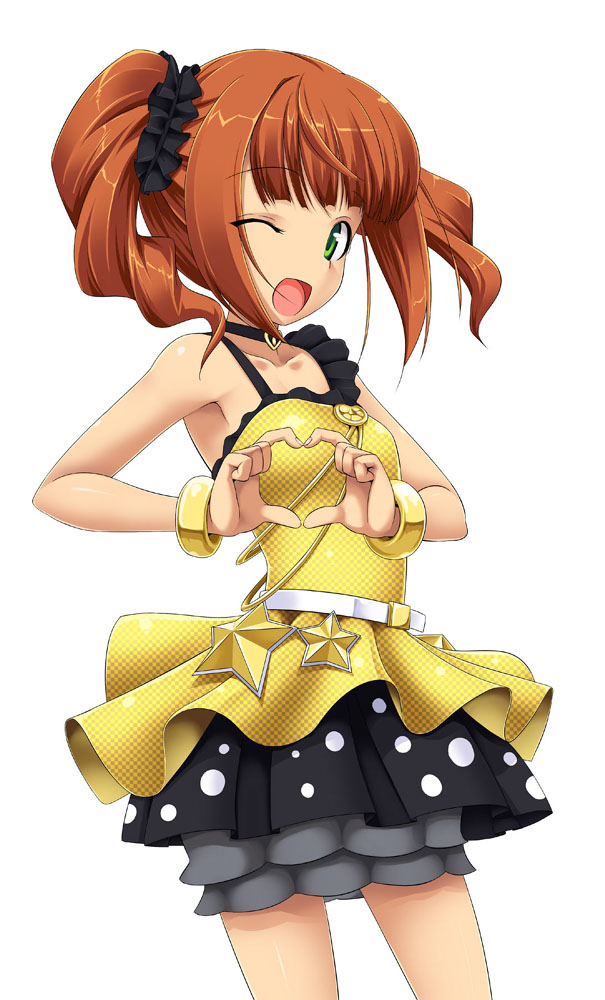 00s 1girl 4-finger_heart_hands bare_shoulders brown_hair female_focus green_eyes heart heart_hands idolmaster idolmaster_(classic) live_for_venus one_eye_closed open_mouth short_hair skirt solo takatsuki_yayoi takayaki twintails wink