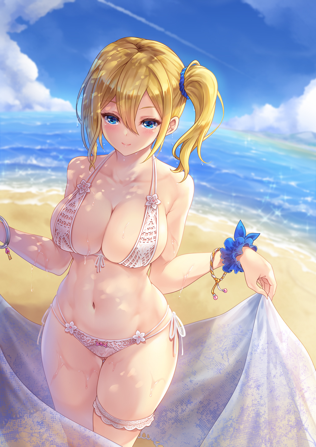 1girl alternate_costume bare_arms bare_shoulders beach bikini blonde_hair blue_eyes blue_scrunchie blue_sky blush bracelet breasts bridal_garter cleavage closed_mouth cloud collarbone cowboy_shot curvy day front-tie_bikini_top front-tie_top gluteal_fold hair_between_eyes hair_ornament hair_scrunchie halterneck hayasaka_ai highres holding holding_sarong jewelry kaguya-sama_wa_kokurasetai_~tensai-tachi_no_renai_zunousen~ large_breasts looking_at_viewer makirin navel ocean outdoors sand scrunchie shadow shore side-tie_bikini_bottom side_ponytail sidelocks skindentation sky smile solo standing stomach sweat swimsuit thigh_strap thighs water wet white_bikini wrist_scrunchie