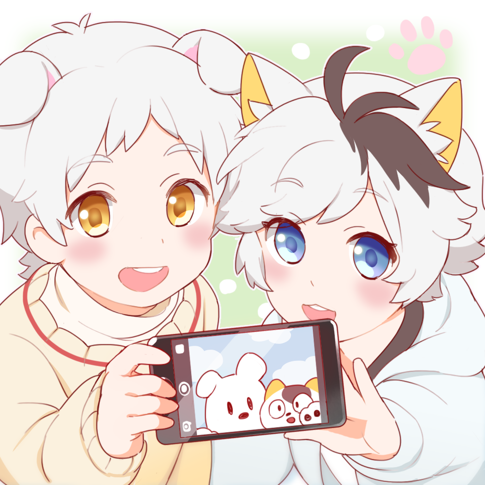 2boys animal_ears black_hair blue_eyes blush cat_boy cat_ears cellphone child dog_boy dog_ears fake_phone_screenshot fake_screenshot holding holding_phone hood hoodie male_focus multicolored_hair multiple_boys obi_chang okamoto_tama open_mouth paw_print phone reaching reaching_towards_viewer selfie smartphone smile sweater taking_picture two-tone_hair uchi_no_tama_shirimasen_ka? white_hair yamada_pochi yellow_eyes