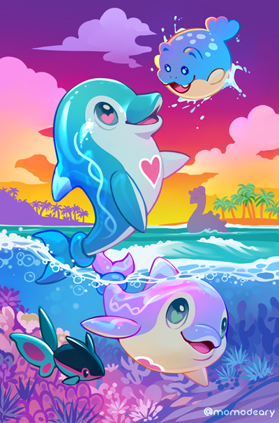 artist_name cloud creatures_(company) finneon game_freak gen_1_pokemon gen_3_pokemon gen_4_pokemon lapras momo-deary multicolored_sky nintendo no_humans open_mouth orange_sky outdoors palafin palafin_(zero) palm_tree partially_underwater_shot pink_sky pokemon pokemon_(creature) sky spheal tree water