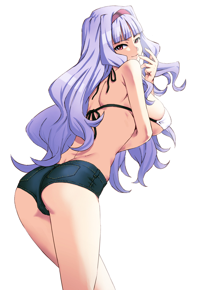 1girl ass bare_shoulders bikini bikini_top_only breast_hold breasts chyko denim denim_shorts female_focus hairband idolmaster idolmaster_(classic) large_breasts leaning_forward light_purple_hair long_hair looking_back purple_hair red_eyes seductive_smile shijou_takane short_shorts shorts sideboob simple_background smile solo swimsuit white_background white_bikini