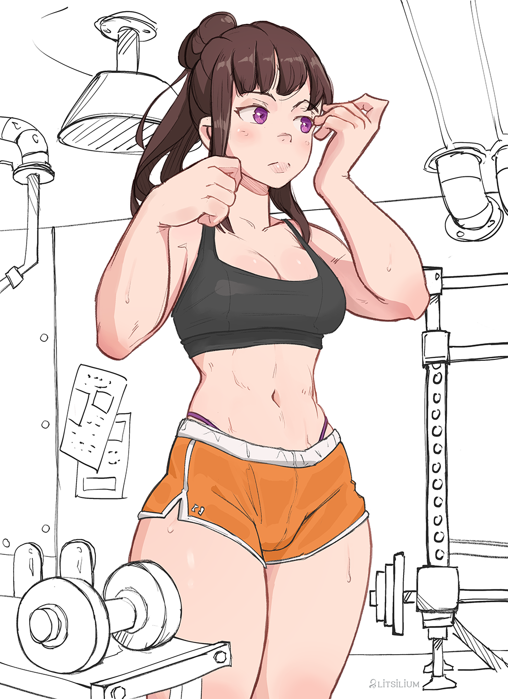 abs artist_name blush breasts brown_hair cleavage dolphin_shorts dumbbell en&#039;en_no_shouboutai gym hair_bun highres lit_silium long_hair maki_oze medium_breasts navel purple_eyes shorts sweat tank_top