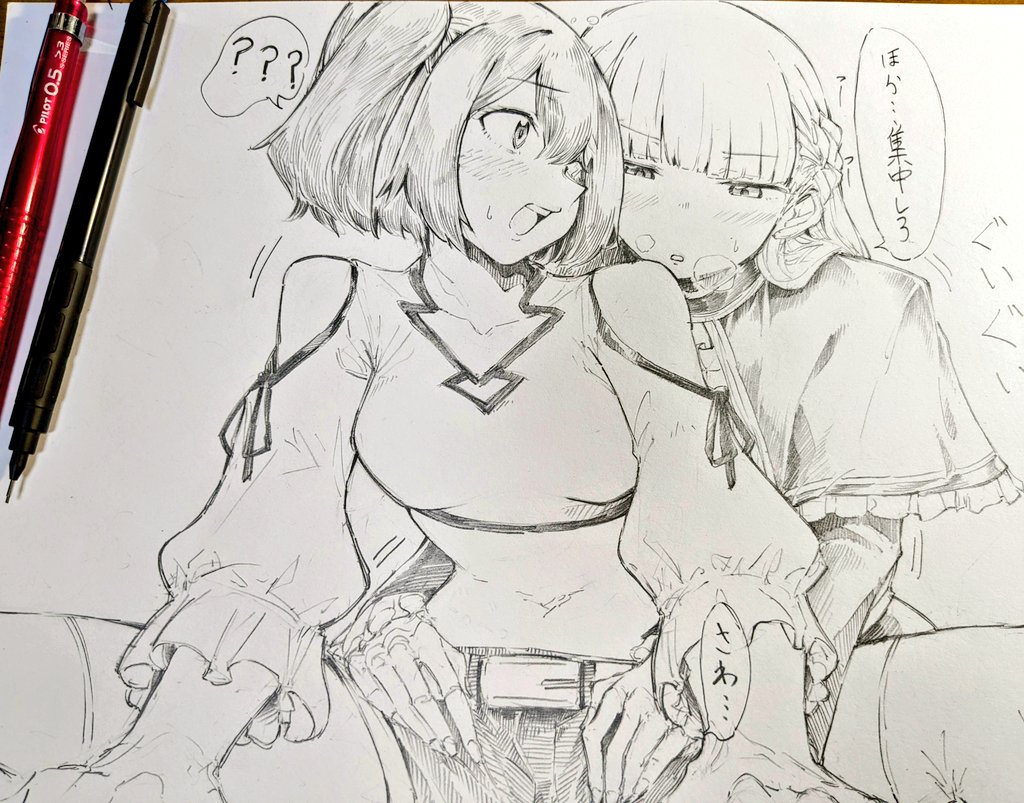 2girls ? ?? art_tools_in_frame belt blush clothing_cutout commentary_request crop_top gasuri_govan greyscale half_up_braid hand_on_another&#039;s_waist kanne_(sousou_no_frieren) lawine_(sousou_no_frieren) long_hair looking_at_another monochrome multiple_girls open_mouth parted_lips pen photo_(medium) short_hair shorts shoulder_cutout sitting sousou_no_frieren speech_bubble sweatdrop traditional_media translation_request two_side_up yuri