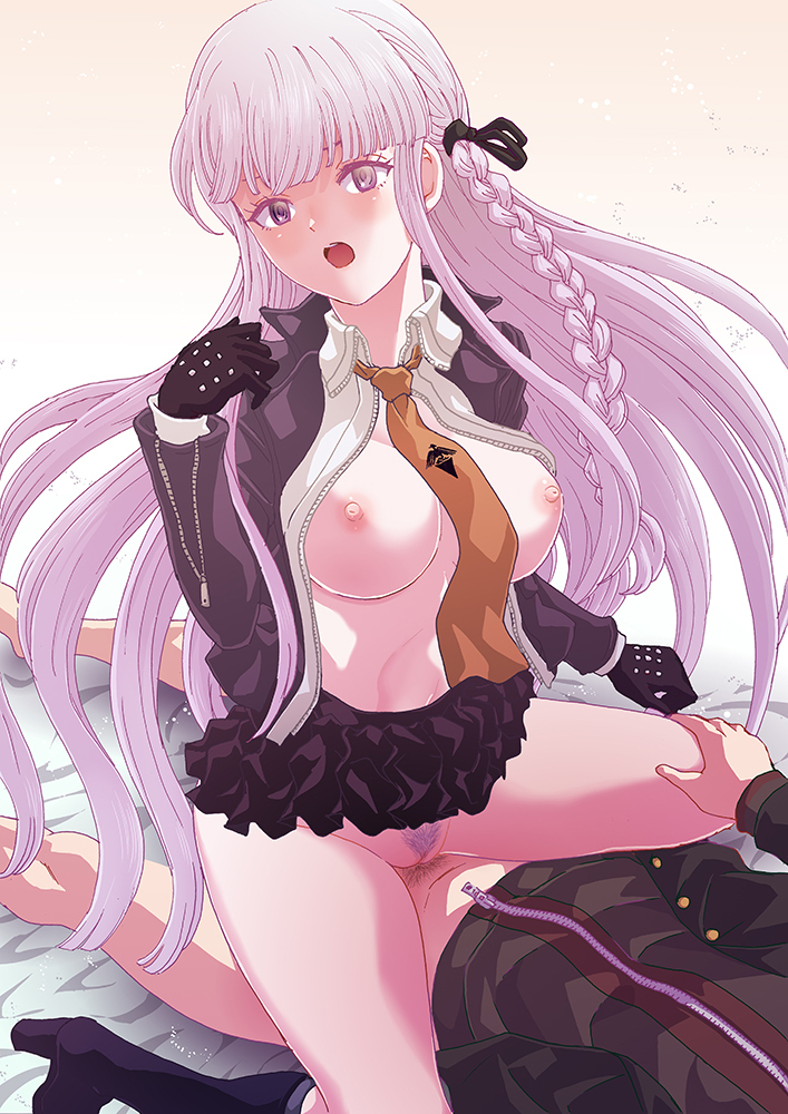 1boy 1girl :o black_gloves black_ribbon black_skirt blush boots bottomless braid breasts brown_eyes brown_jacket brown_necktie collared_shirt cowgirl_position danganronpa:_trigger_happy_havoc danganronpa_(series) female_pubic_hair gloves green_jacket grey_hair hair_ribbon hetero high_heels jacket kirigiri_kyoko knee_boots large_breasts layered_skirt long_hair male_pubic_hair miniskirt naegi_makoto necktie nipples open_clothes open_jacket pubic_hair ribbon rurukichi sex shirt side_braid skirt straddling