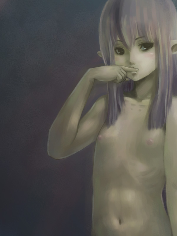 00s 1girl blush elf elvaan female_focus final_fantasy final_fantasy_xi flat_chest long_hair nipples nude pointy_ears prishe purple_hair solo tara_baka_ni