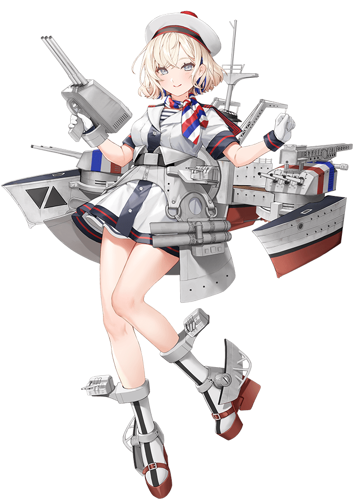 1girl beret blonde_hair blue_hair breasts dress flag_print french_flag french_flag_print full_body gloire_(kancolle) grey_eyes hat hoshiakari_(c2_kikan) kantai_collection machinery medium_breasts multicolored_hair neckerchief official_art sailor_dress ship_turret short_hair short_sleeves smile solo transparent_background