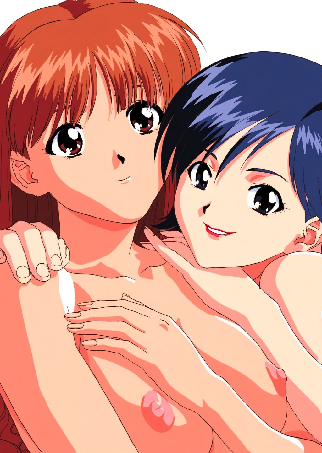 2girls asuka_(viper) blue_eyes blue_hair breasts brown_eyes brown_hair collarbone female_focus hand_on_breast hand_on_shoulder highres hug katsura_ken&#039;ichirou large_breasts lipstick long_hair looking_at_viewer makeup matching_hair/eyes miki_(viper) multiple_girls nipples nude official_art red_lips short_hair smile sogna teeth viper_(series) viper_ctr white_background