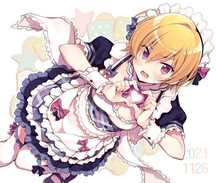 1girl alternate_costume apron black_dress black_footwear blonde_hair blush breasts commentary_request dated dress enmaided frilled_cuffs frilled_sleeves frills frown heart heart_hands idolmaster idolmaster_shiny_colors lace lace-trimmed_legwear lace_trim leg_up looking_at_viewer maid maid_apron maid_headdress mary_janes medium_breasts odawara_hakone open_mouth puffy_short_sleeves puffy_sleeves purple_eyes saijo_juri shoes short_dress short_hair short_sleeves solo standing standing_on_one_leg sweatdrop thighhighs white_apron white_background