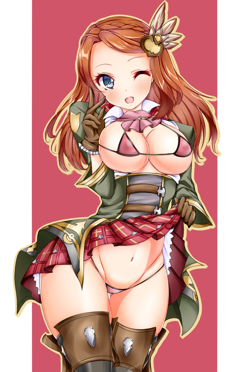 10s 1girl ;d blue_eyes boots bra braid breasts brown_hair carren_(granblue_fantasy) clothes_lift crown_braid female_focus g_pon_(gachapon) gloves granblue_fantasy hair_ornament highres karen_(granblue_fantasy) lifting_own_clothes long_hair looking_at_viewer medium_breasts micro_bra micro_panties navel one_eye_closed open_mouth panties plaid_clothes plaid_skirt skirt skirt_lift smile solo thigh_boots thighhighs underwear