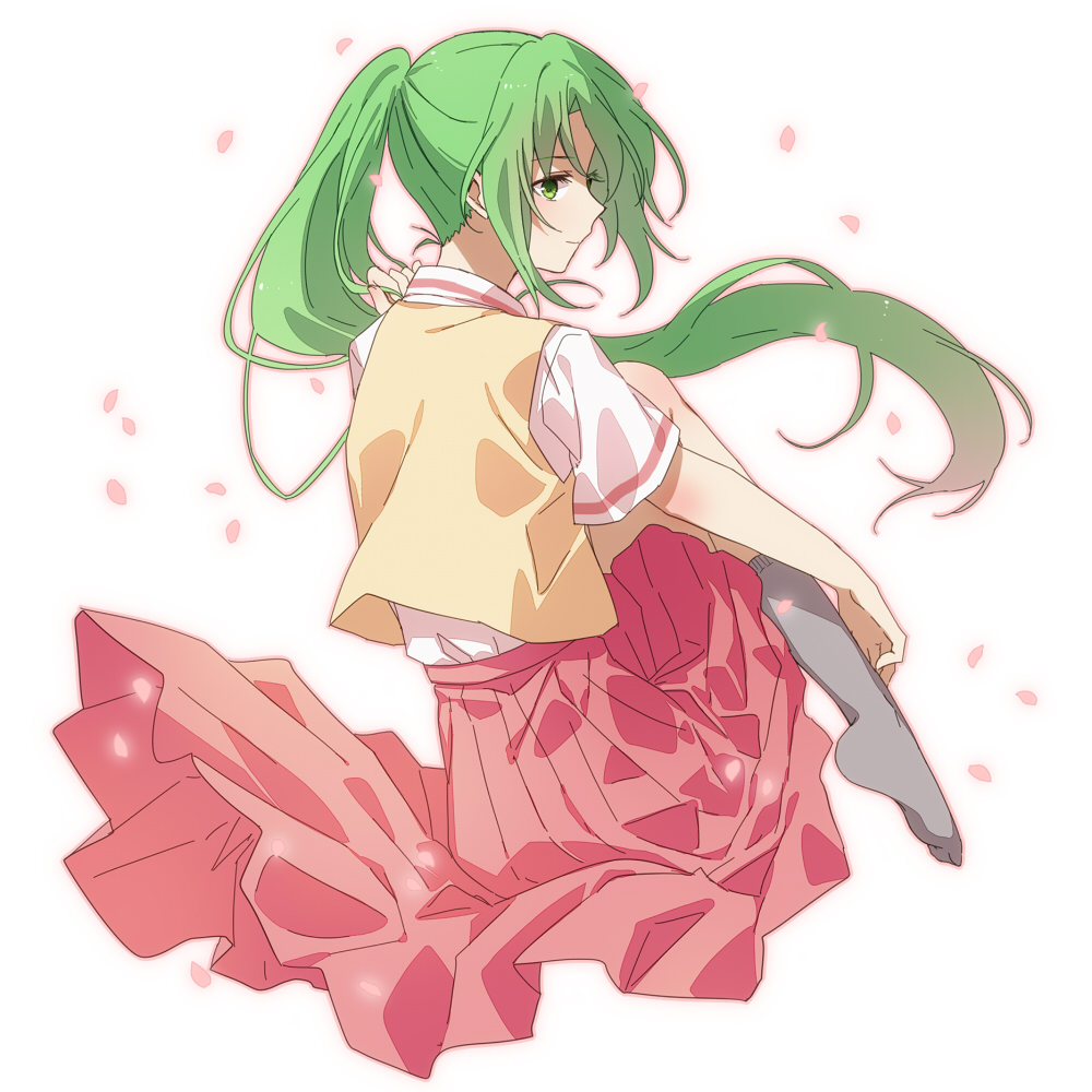 1girl amazuki_jou green_eyes green_hair higurashi_no_naku_koro_ni long_hair long_skirt looking_back no_shoes petals pleated_skirt ponytail skirt socks solo sonozaki_mion