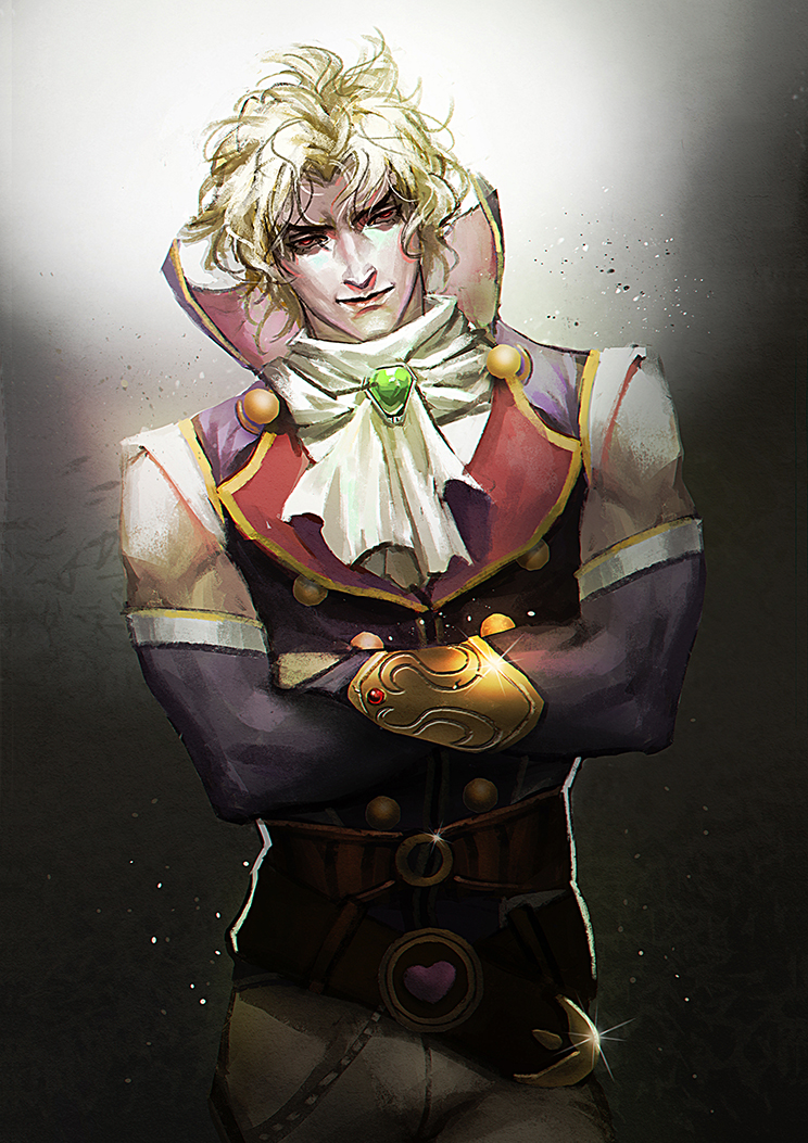 1boy aruolrn belt blonde_hair crossed_arms detached_sleeves dio_brando gem jojo_no_kimyou_na_bouken male_focus phantom_blood phantom_blood_(film) red_eyes smile solo sparkle wrist_cuffs