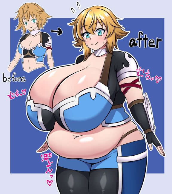 1girl arrow_(symbol) before_and_after belly blue_background blue_eyes border breast_expansion breasts brown_hair cleavage codeorange162 dot_nose english_text eyelashes fat female_focus grey_border huge_breasts japanese_text medium_breasts midriff navel outline shiny_skin short_hair smile solo sweat thick_thighs thighs whale_tail_(clothing) white_outline