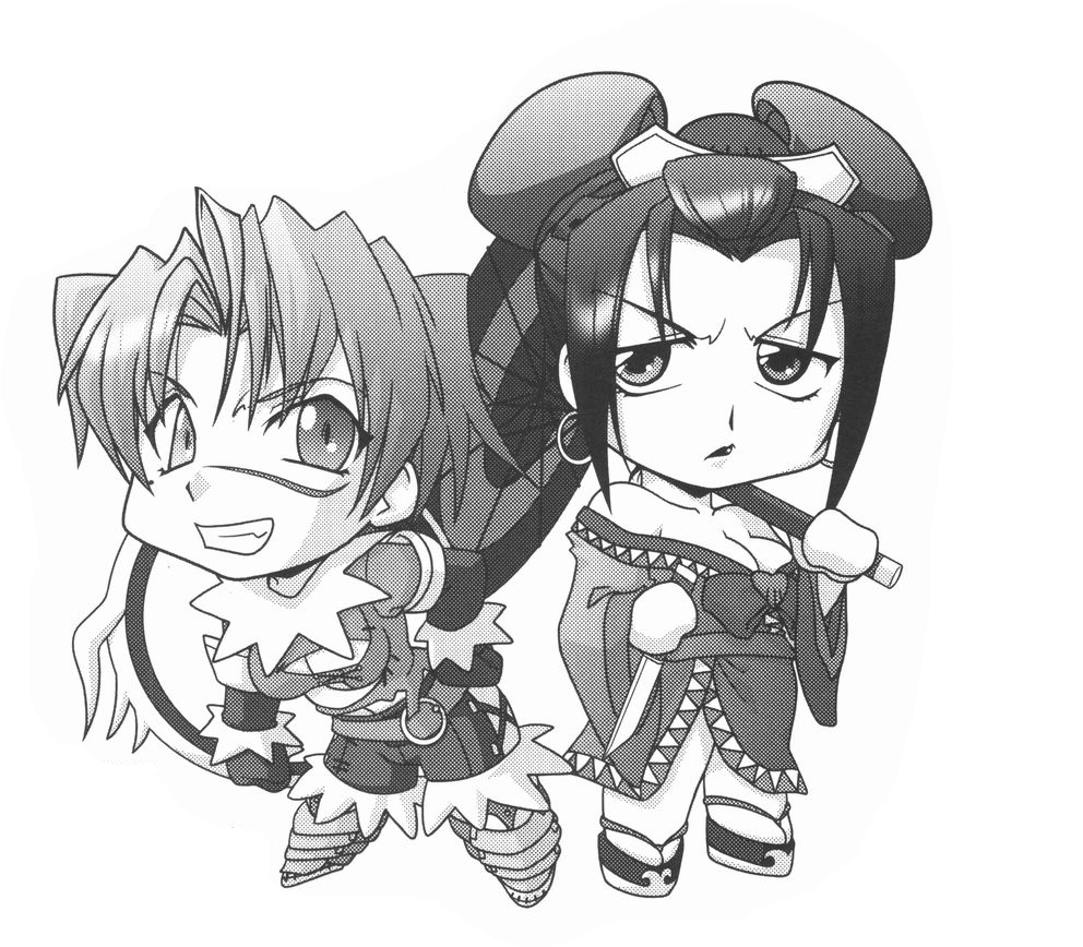 2girls bare_shoulders breasts chibi cleavage earrings hoop_earrings japanese_clothes jewelry looking_at_viewer multiple_girls namco setsuka smile soul_calibur soulcalibur soulcalibur_iii tira_(soulcalibur)