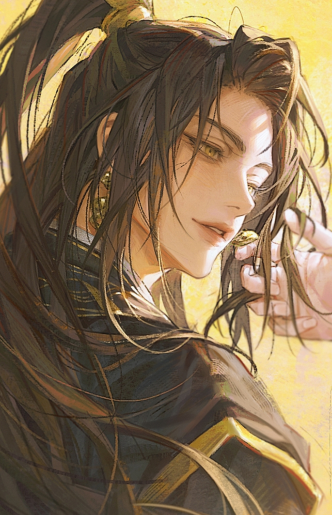 1boy brown_hair chinese_clothes earrings gold_earrings half_updo hand_in_another&#039;s_hair high_ponytail jewelry jinhongi korean_commentary long_hair looking_at_another male_focus out_of_frame parted_lips smile solo upper_body yellow_background yellow_eyes zaha zero_q_0q