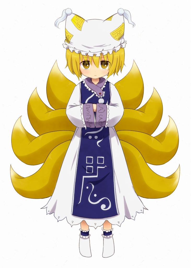 1girl animal_ears blonde_hair blush female_focus fox_ears fox_tail hands_in_opposite_sleeves hat hat_with_ears multiple_tails own_hands_together short_hair socks solo tail tona_(nekotte) touhou yakumo_ran yellow_eyes