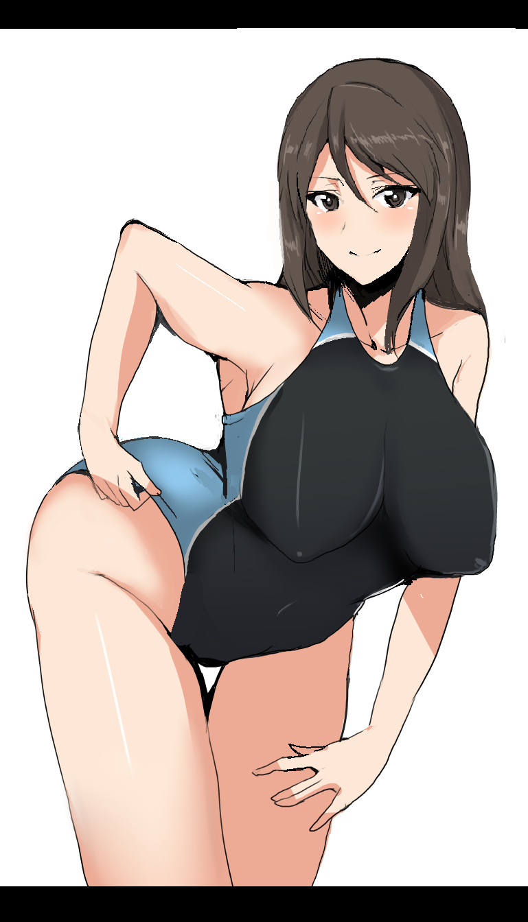 1girl bare_shoulders breasts brown_eyes brown_hair cleavage competition_swimsuit covered_erect_nipples girls_und_panzer hand_on_own_hip hifumi_hajime highres leaning_forward long_hair looking_at_viewer mika_(girls_und_panzer) one-piece_swimsuit solo swimsuit white_background