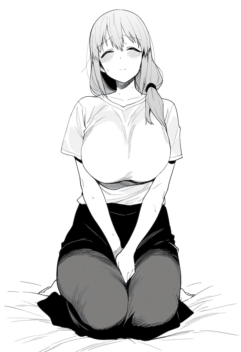 between_legs blush breasts closed_eyes greyscale hand_between_legs highres kneeling large_breasts long_hair lovebgmilf mature_female monochrome shirt uzaki-chan_wa_asobitai! uzaki_tsuki