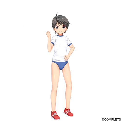 1girl black_eyes black_hair blue_buruma blush buruma child complets full_body gym_uniform hand_on_own_hip looking_at_viewer lowres red_sneakers shin_yagai_gakushuu_~nudist_camp_hen~ shirt shoes short_hair short_sleeves sneakers solo standing tomboy touka_kagami watermark white_background white_shirt