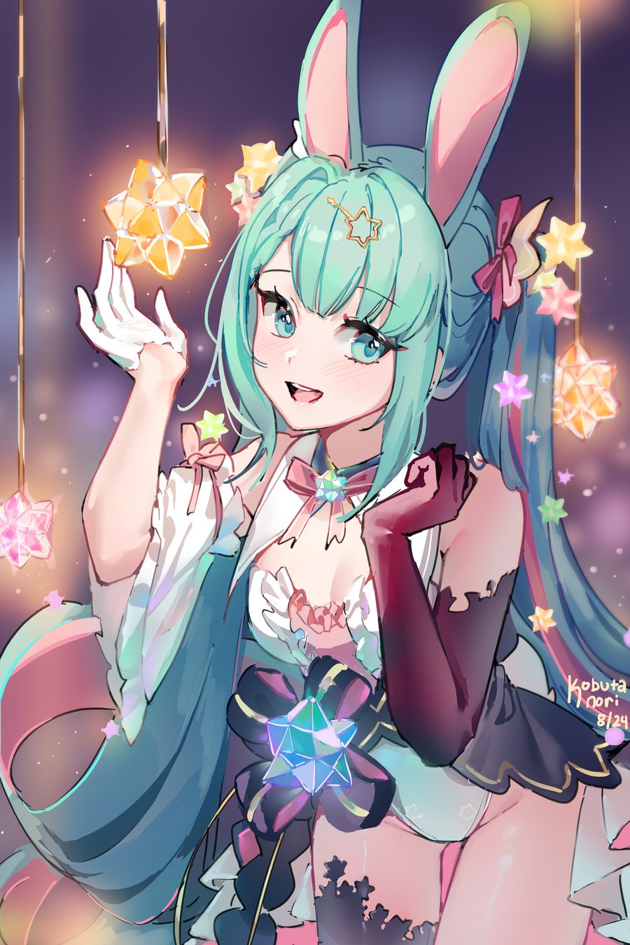 1girl animal_ears aqua_eyes artist_name asymmetrical_gloves asymmetrical_sleeves bare_shoulders blush breasts bunny_day candy cleavage commentary dated food food_on_head frilled_sleeves frills gloves glowing hair_ornament hair_ribbon hairclip hatsune_miku highres kobutanori konpeitou leotard light_particles long_hair object_on_head open_mouth pink_ribbon rabbit_ears rabbit_tail ribbon sidelocks single_thighhigh sleeve_ribbon sleeveless smile solo tail thighhighs twintails twitter_username very_long_hair vocaloid