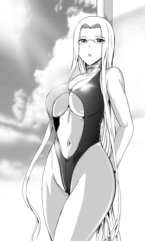 1girl arms_behind_back breasts cleavage collar curvy fate/stay_night fate_(series) female_focus front_zipper_swimsuit glasses greyscale kumoi_takashi large_breasts long_hair looking_at_viewer medusa_(fate) medusa_(rider)_(fate) meme_attire monochrome navel one-piece_swimsuit solo swimsuit underboob very_long_hair wide_hips